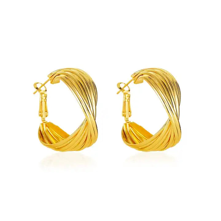 18K Gold Plated Twisted Rope Round Hoop Earrings