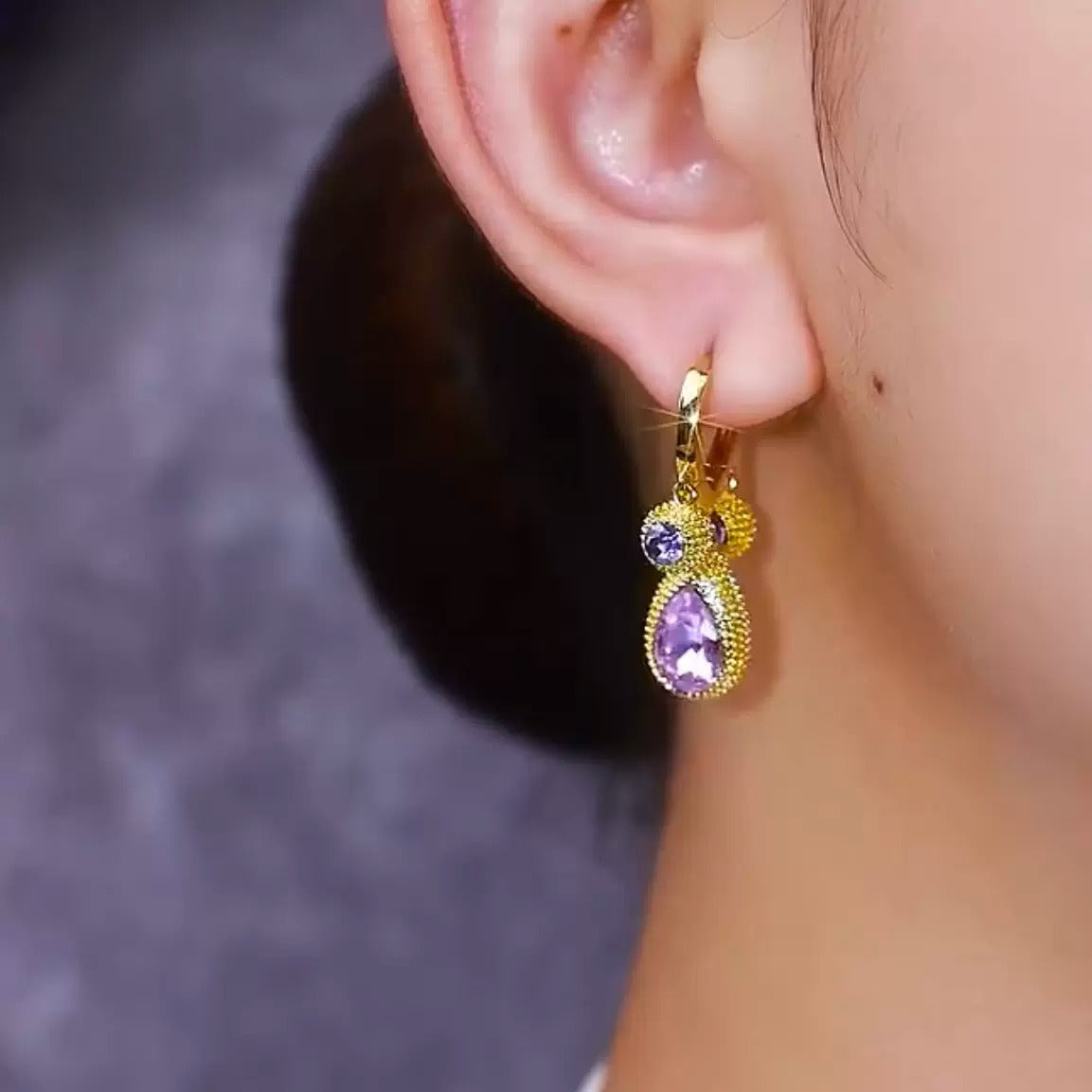 Purple diamond earrings(18k gold plated)