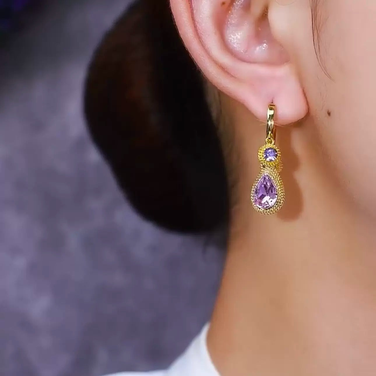 Purple diamond earrings(18k gold plated)