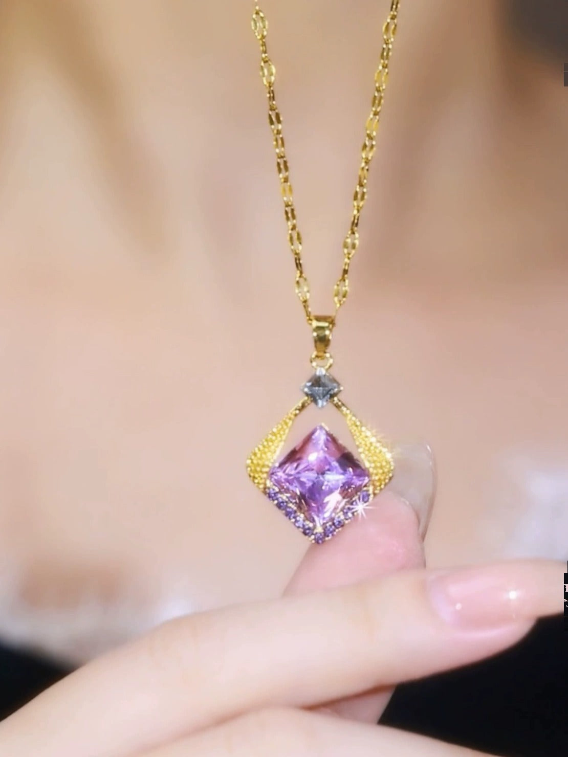 Purple diamond necklace(18k gold plated)