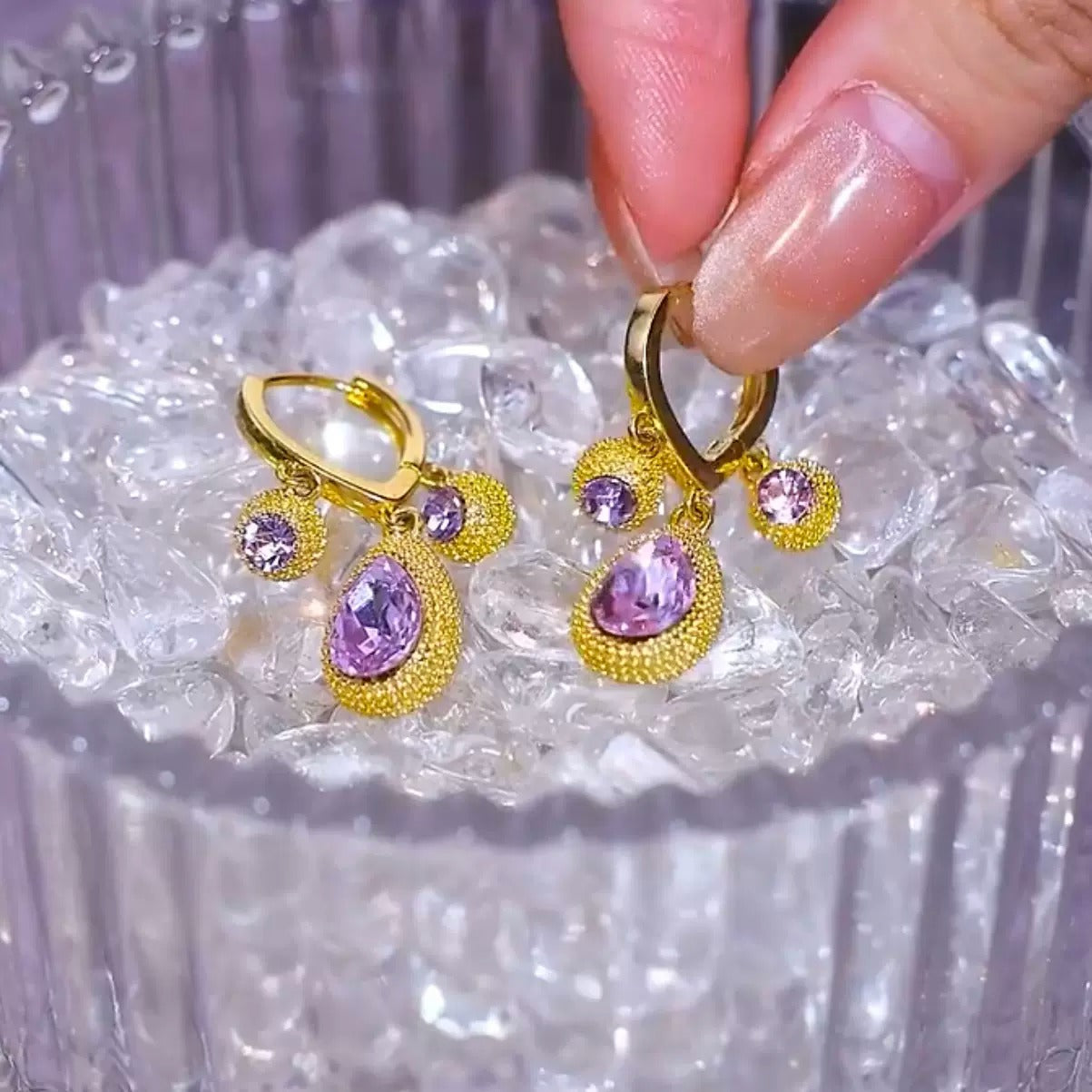 Purple diamond earrings(18k gold plated)