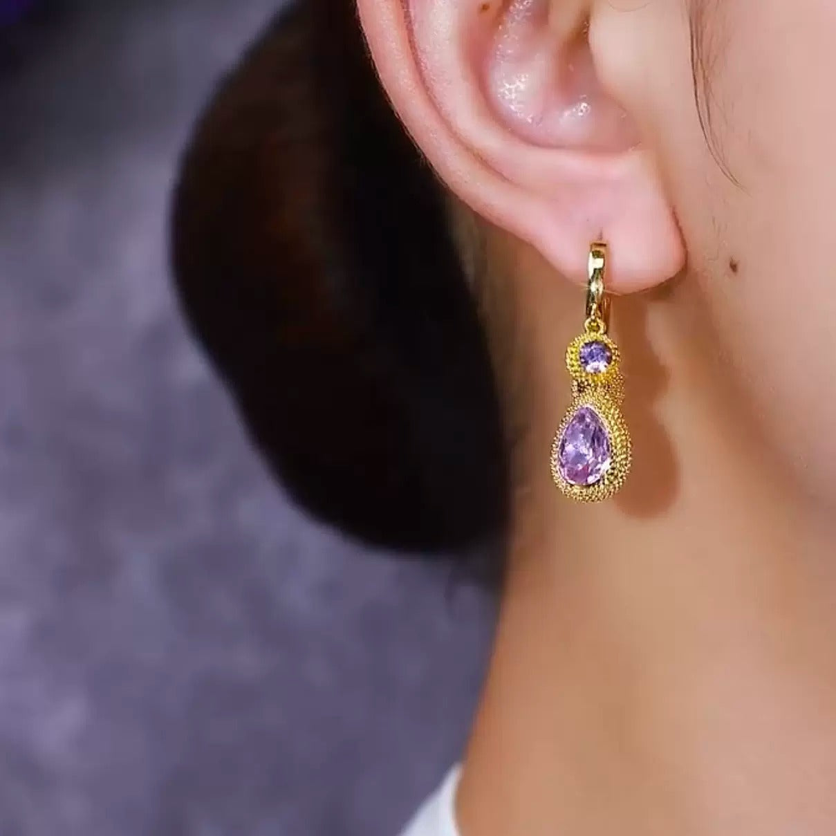 Purple diamond earrings(18k gold plated)