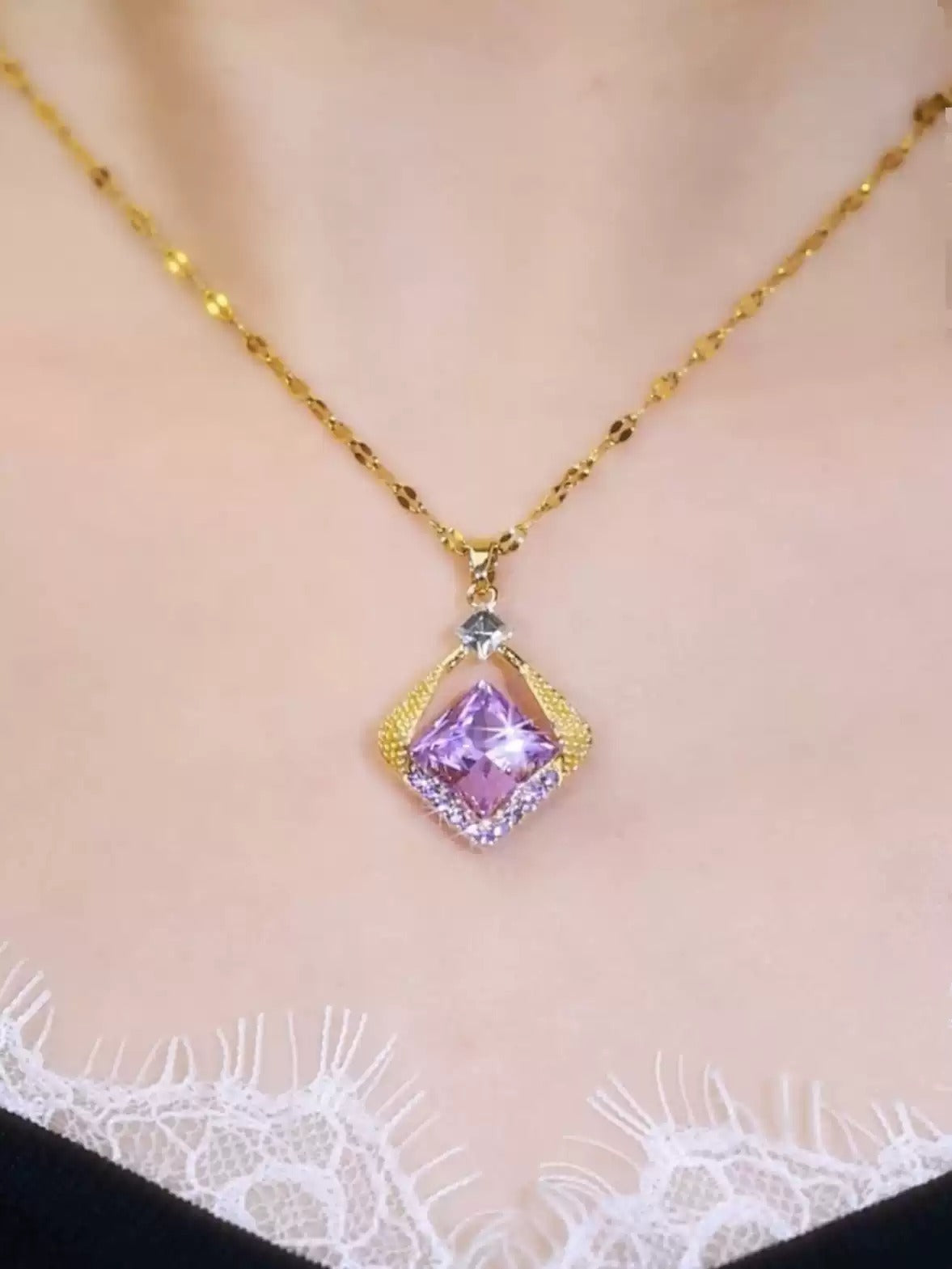 Purple diamond necklace(18k gold plated)