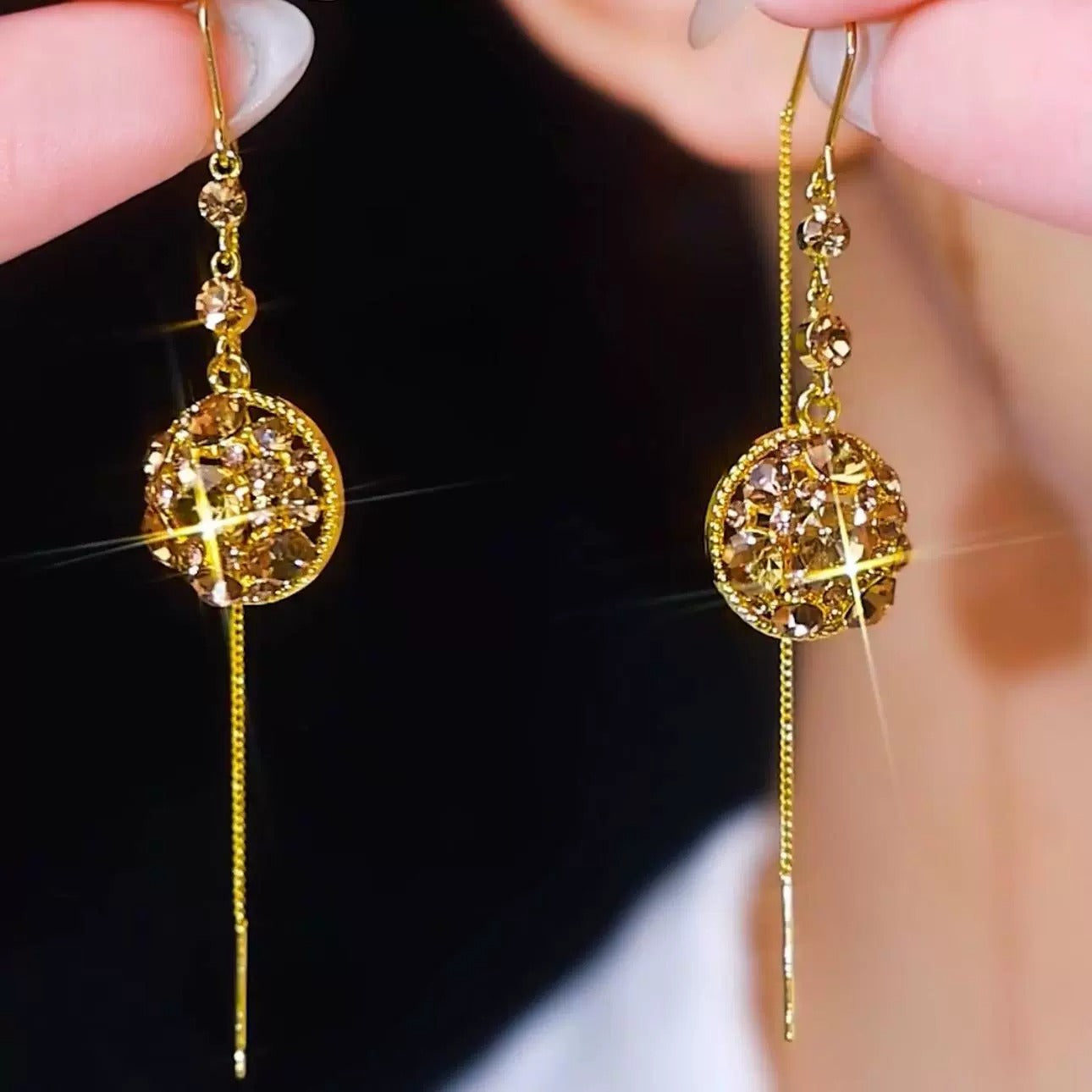 Long tassel zircon earrings(18k gold plated)