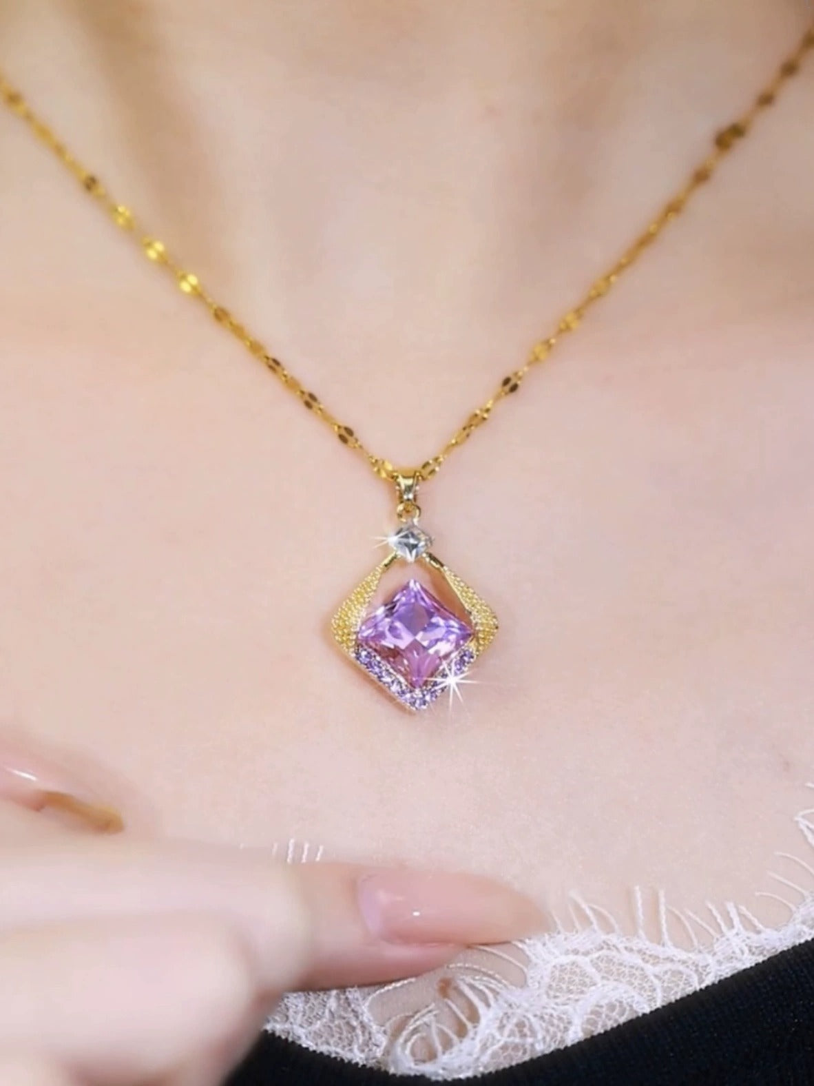 Purple diamond necklace(18k gold plated)