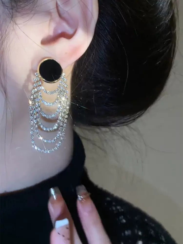 Black rhinestone tassel earrings(Gold plated)