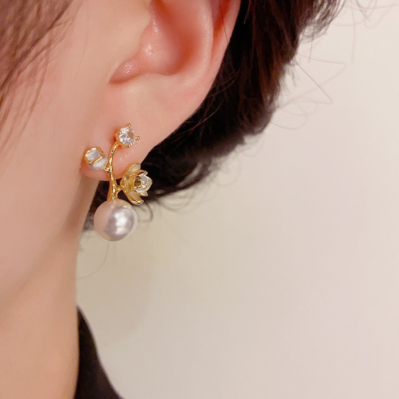 flower pearl earrings 925 silver needle